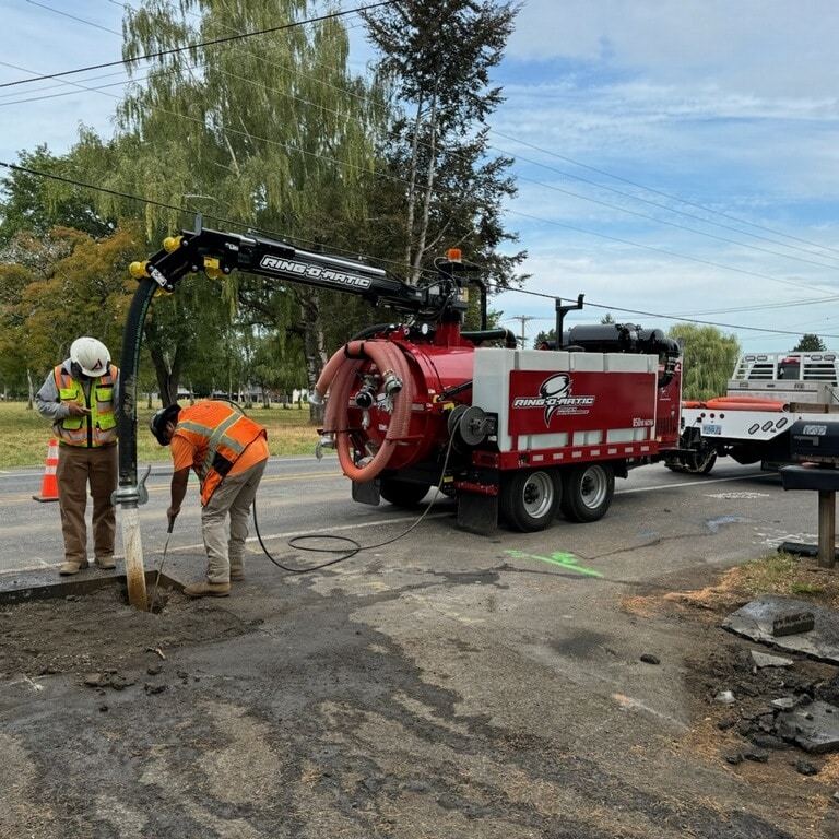 Hydrovac crew cutting a narrow excavation with a vacuum truck at a street jobsite